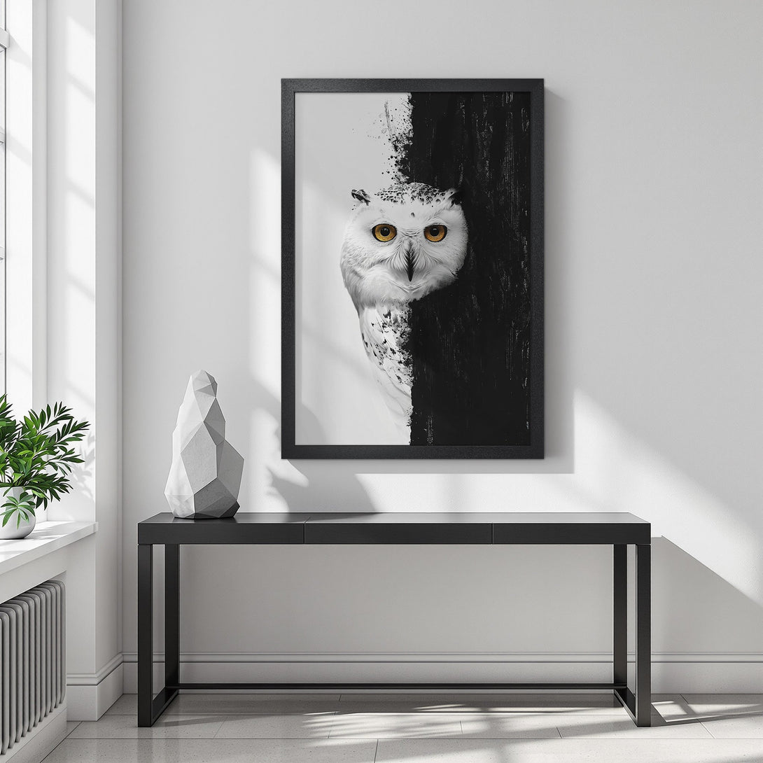 Framed Poster featuring a striking black and white owl design with yellow eyes. Modern art style, perfect for home decor.