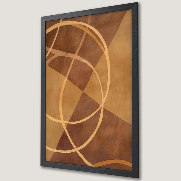Framed Poster featuring abstract geometric design in warm brown and gold tones. Modern art print for home decor.