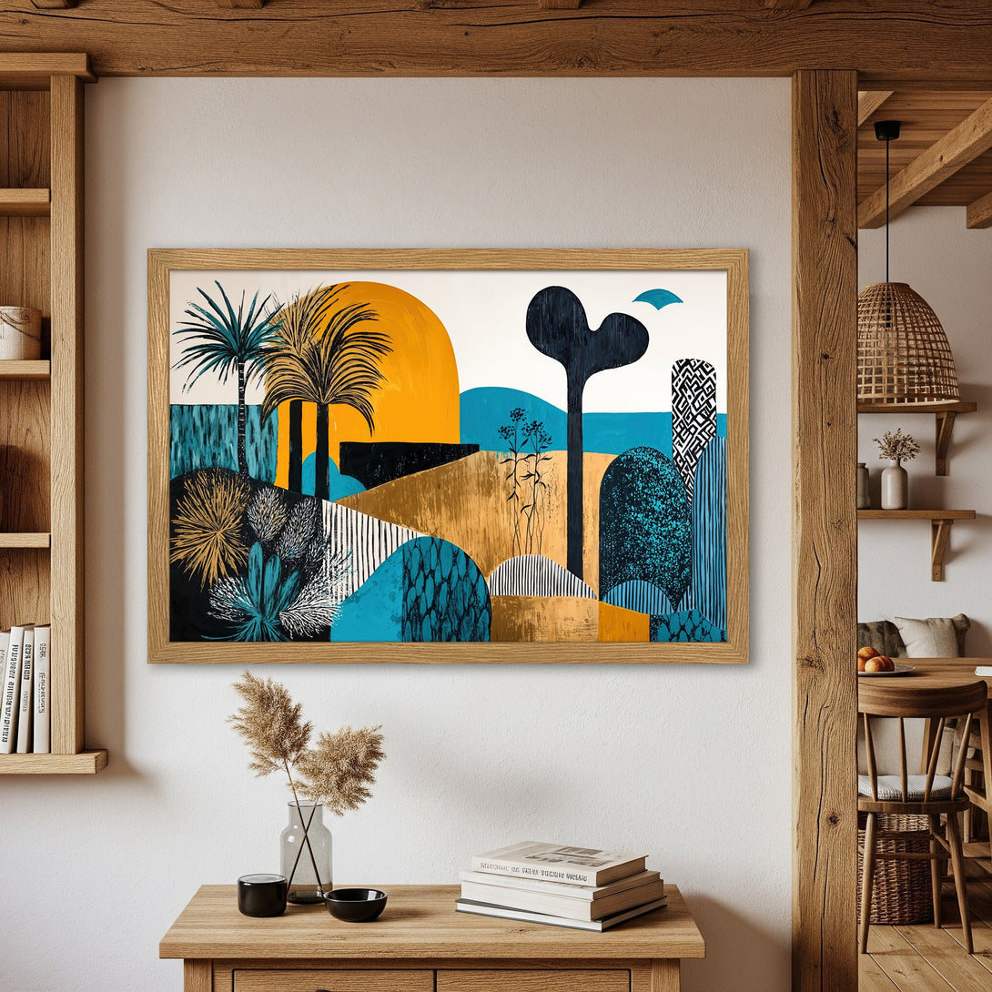 Framed Poster featuring a vibrant abstract landscape with palm trees, in a modern style with a blue, gold, and teal color palette.