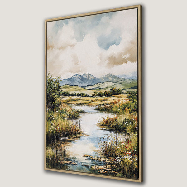 Framed Wall Art: Watercolor landscape Canvas Print featuring a serene river scene with mountains, lush greenery, and a warm, earthy color palette.