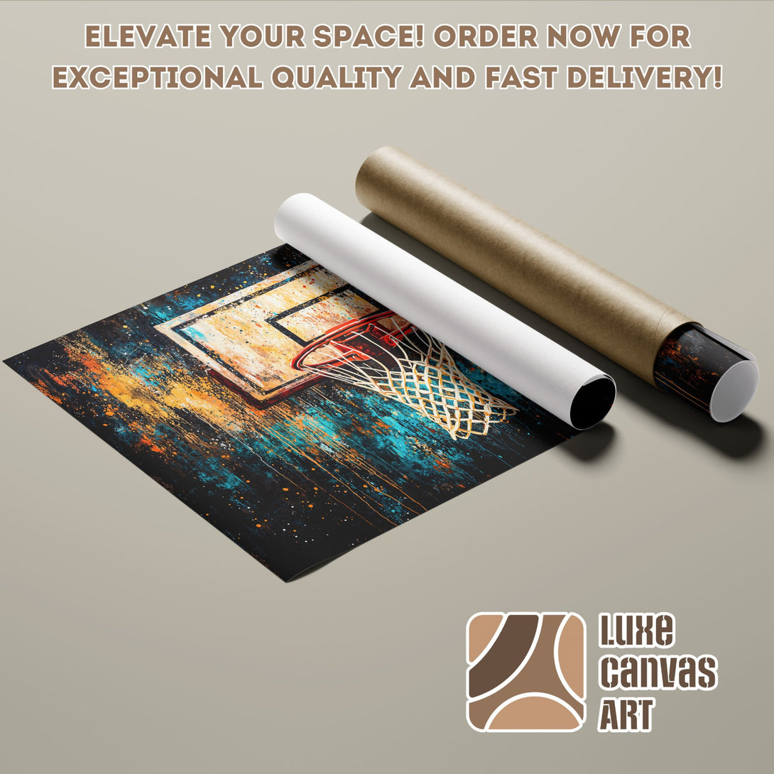 Abstract basketball Poster Roll in vibrant blue, orange, and black. Elevate your space!