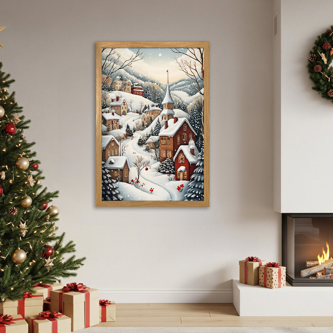 Framed Poster featuring a charming winter village scene in a watercolor style with a warm, inviting color palette. Perfect holiday decor!