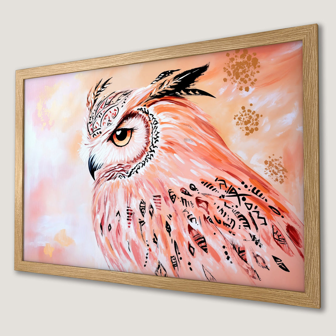 Framed Poster featuring an owl in a tribal art style, warm peach and coral color palette, perfect wall art.