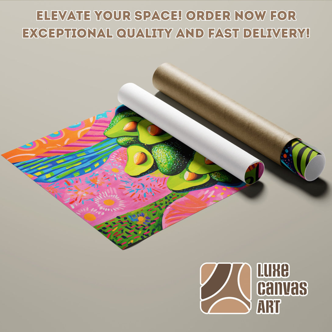 Avocado Poster Roll, vibrant pop art style, colorful pink, green, and orange palette. Order now!