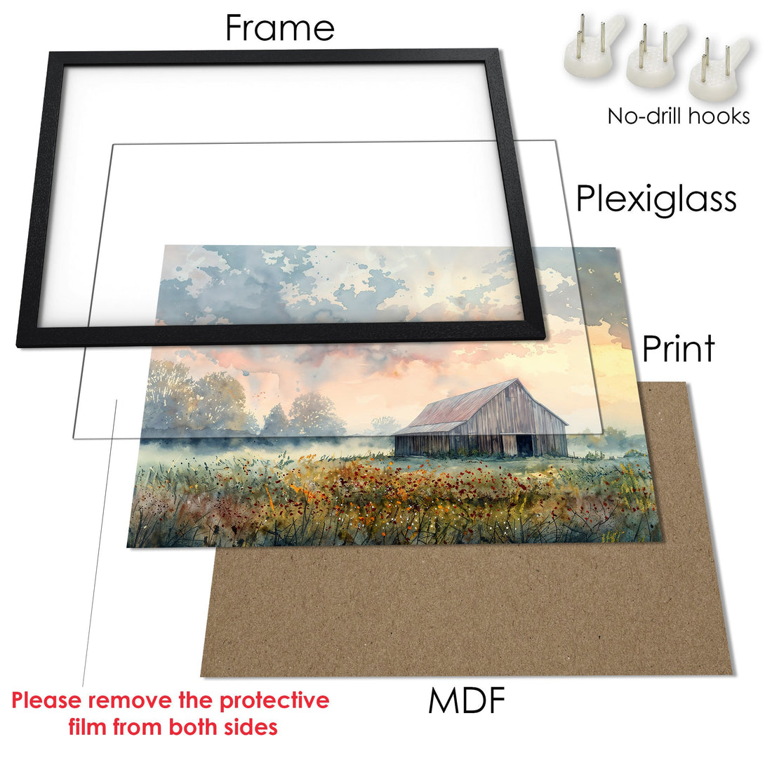 Framed Poster of a watercolor barn scene in a warm color palette. Perfect art for your home!