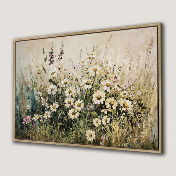 Framed Wall Art: Impressionist painting of daisies in a field, featuring a neutral color palette with green, beige, and pops of pink. Perfect wall decor.