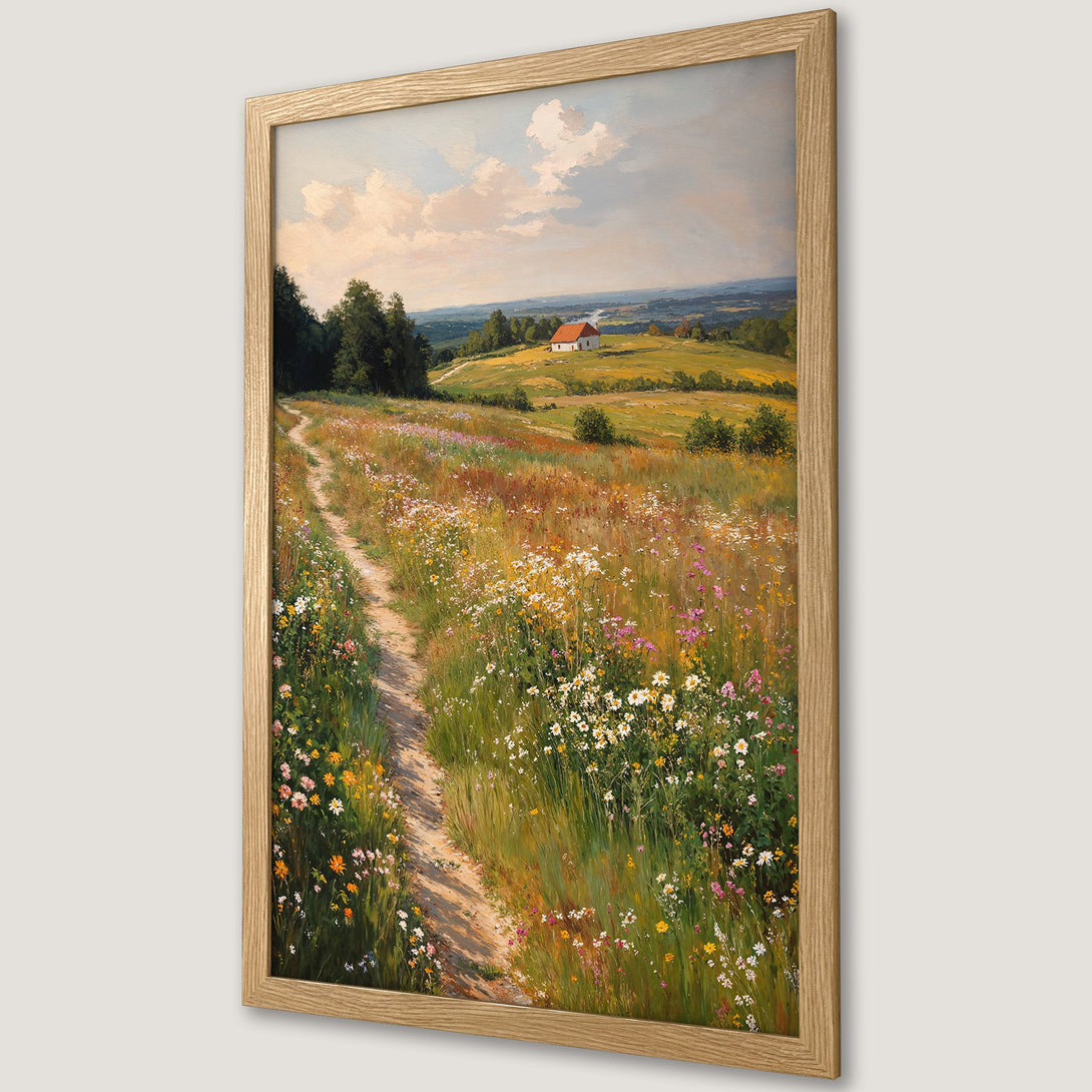 Framed Poster of a serene landscape with a path through wildflowers. Warm, natural color palette with greens, yellows, and blues. Perfect wall art!