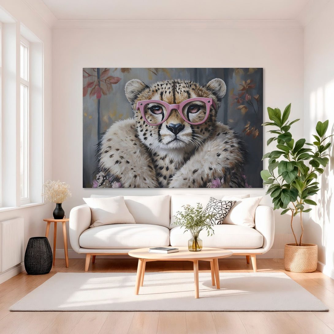 Framed Wall Art: Playful cheetah portrait with pink glasses, displayed in a luxurious interior. Warm color palette with gold accents. Add a touch of whimsy to your space!