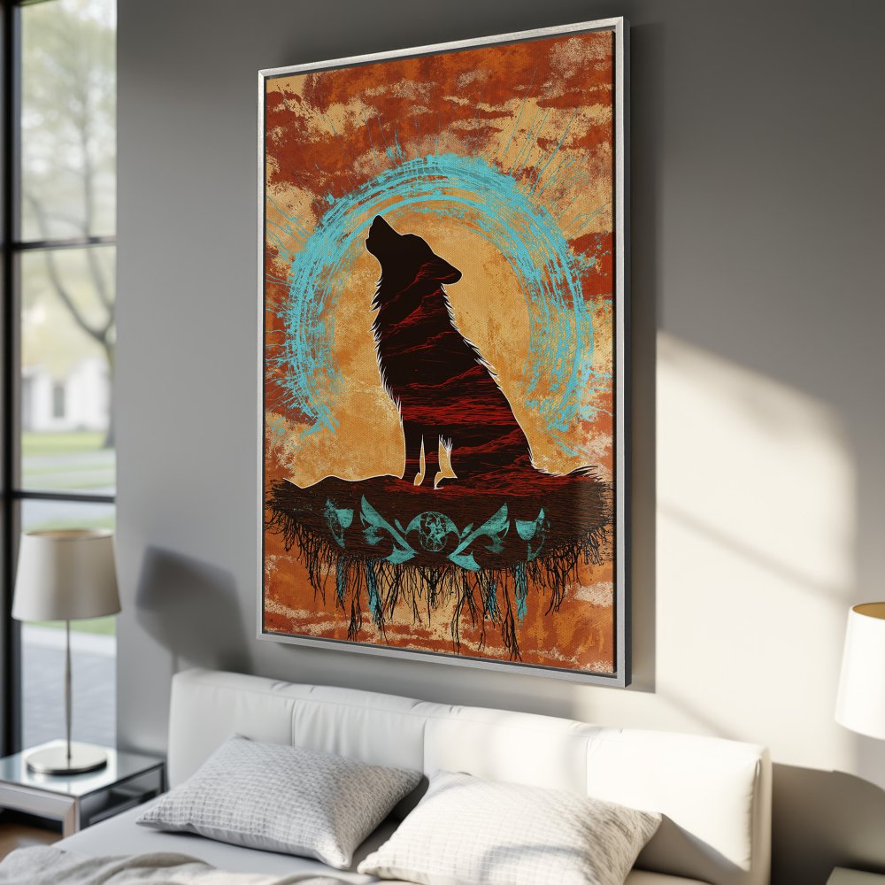 Framed Wall Art: Wolf silhouette canvas print in rustic style, featuring a warm orange and teal color palette. Perfect for adding a touch of nature to your decor.