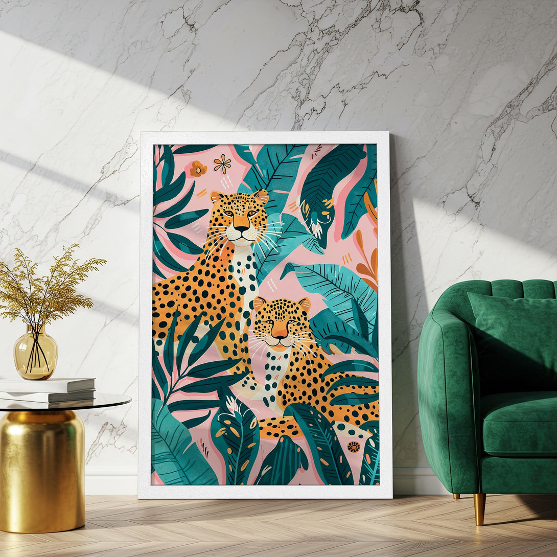 Framed Poster featuring leopards in a vibrant, tropical style with a pink, teal, and orange color palette. Perfect wall art!