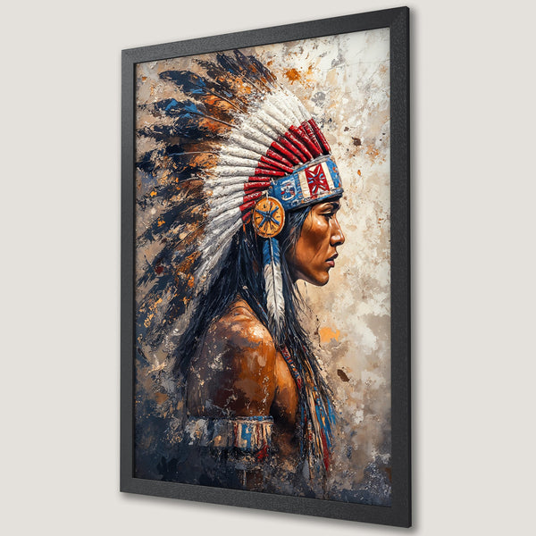 Framed Poster of Native American in profile, impressionist style, with a warm, earthy color palette.