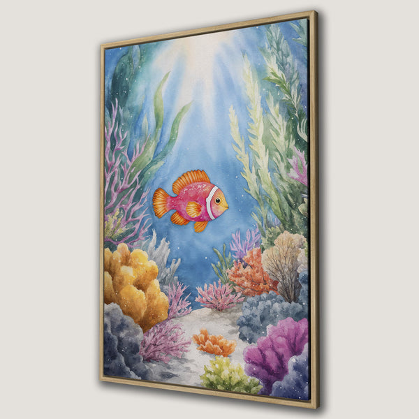 Framed Wall Art: Watercolor painting of a coral reef with a pink fish. Coastal decor with blue, pink, orange, and green color palette. Perfect for home or office.