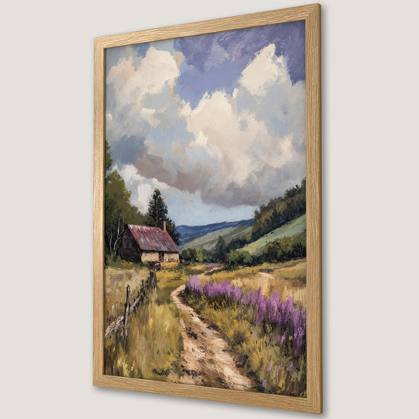 Framed Poster of a serene landscape painting with a rustic cabin, in a warm, earthy color palette. Perfect wall art!