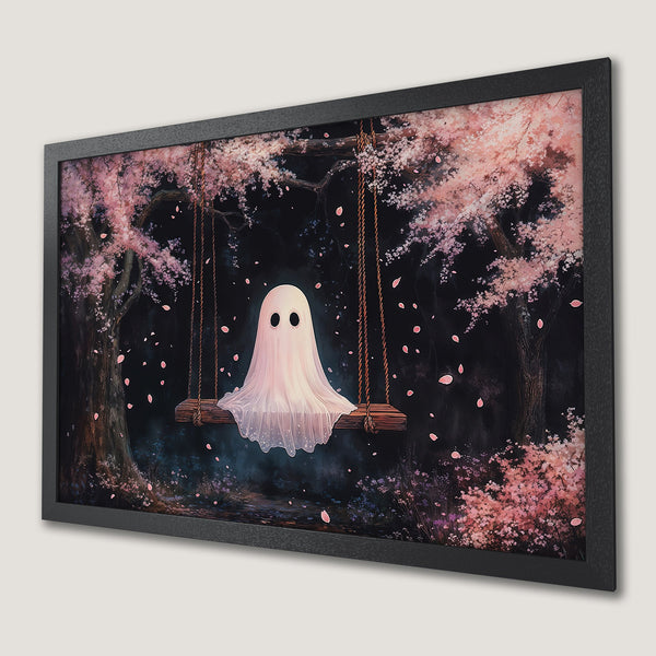 Framed Poster: Cute ghost on a swing in a whimsical forest, pink & dark color palette. Perfect wall art!