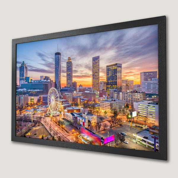 Framed Poster of Atlanta skyline at sunset, vibrant colors and urban landscape. Perfect wall art!