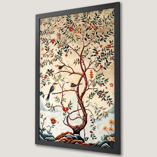 Framed Poster featuring a vintage tree with birds, floral design, and a warm color palette. Perfect wall art!