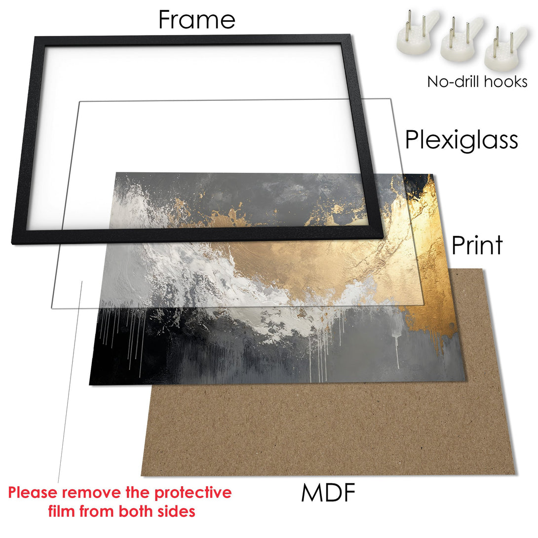 Framed Poster featuring abstract art in gold, gray, and white. Modern wall decor for any space.