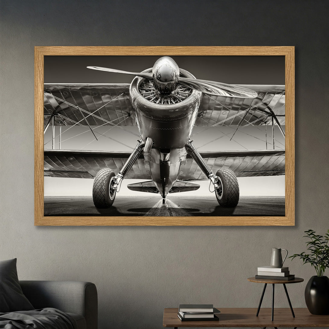 Framed Poster of a vintage airplane, black and white photography, perfect for aviation enthusiasts.