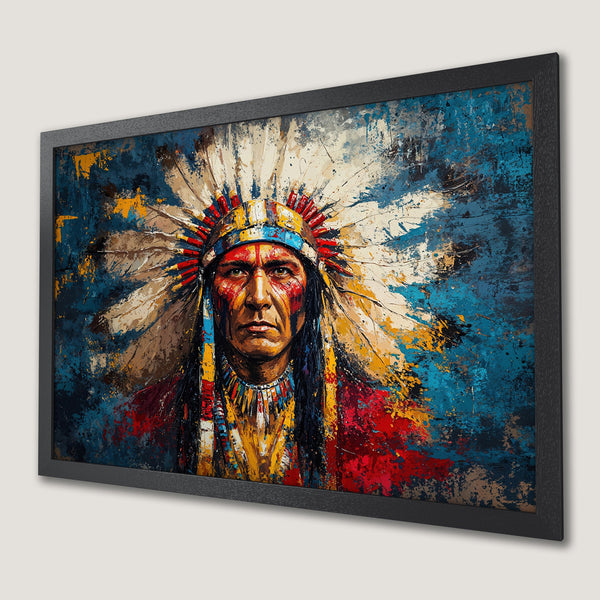 Framed Poster: Native American Chief portrait in abstract style, vibrant colors of blue, red, and yellow. Perfect wall art.