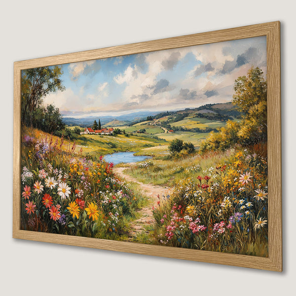 Framed Poster of a vibrant landscape painting with wildflowers, featuring a warm color palette. Perfect wall art!