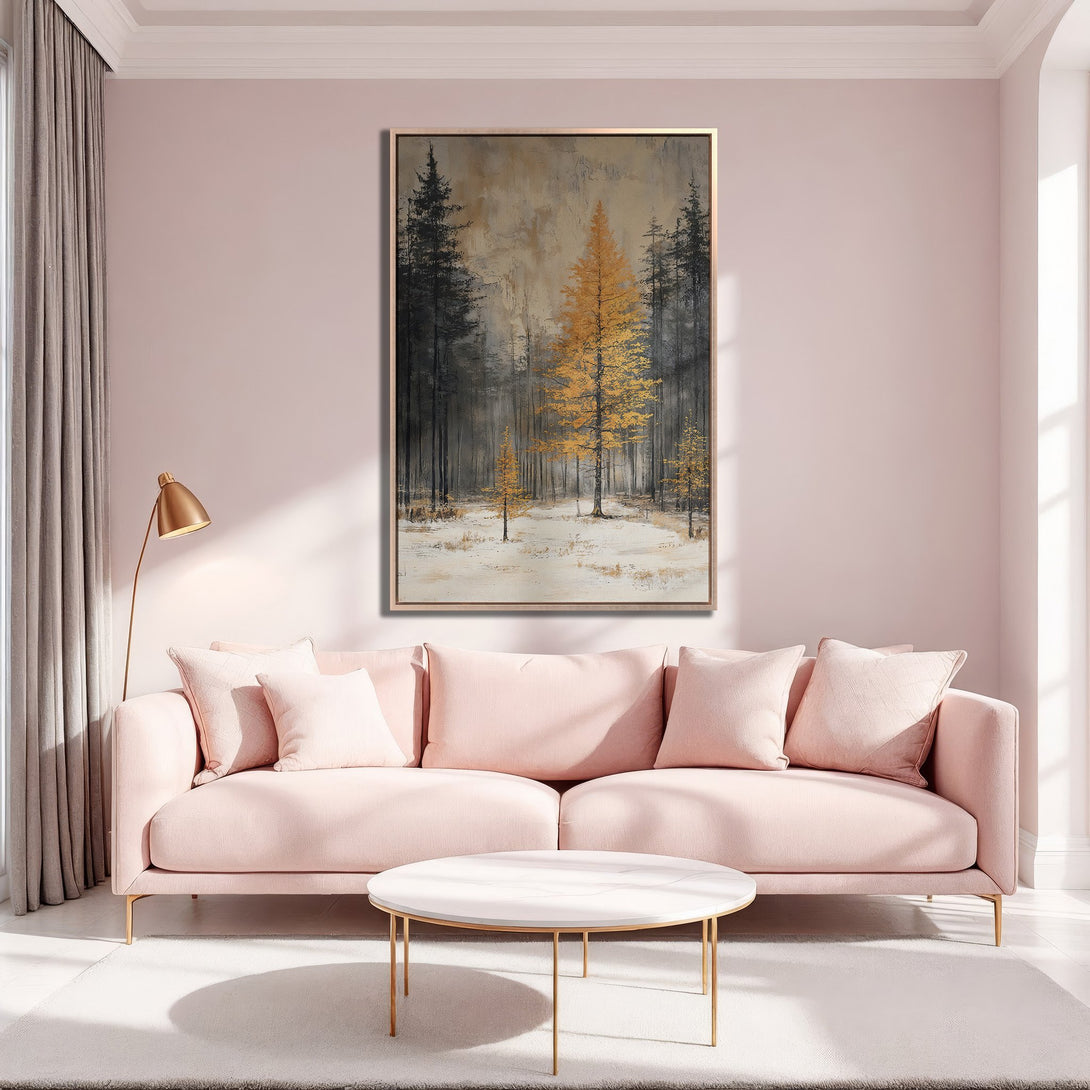 Framed Wall Art: Abstract forest scene in gold, black, and neutral tones. Adds a touch of elegance to any living room. Shop now!