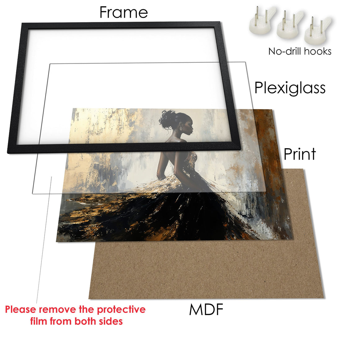 Framed Poster featuring abstract floral art in black, gold, and gray tones. Modern wall decor for your home.