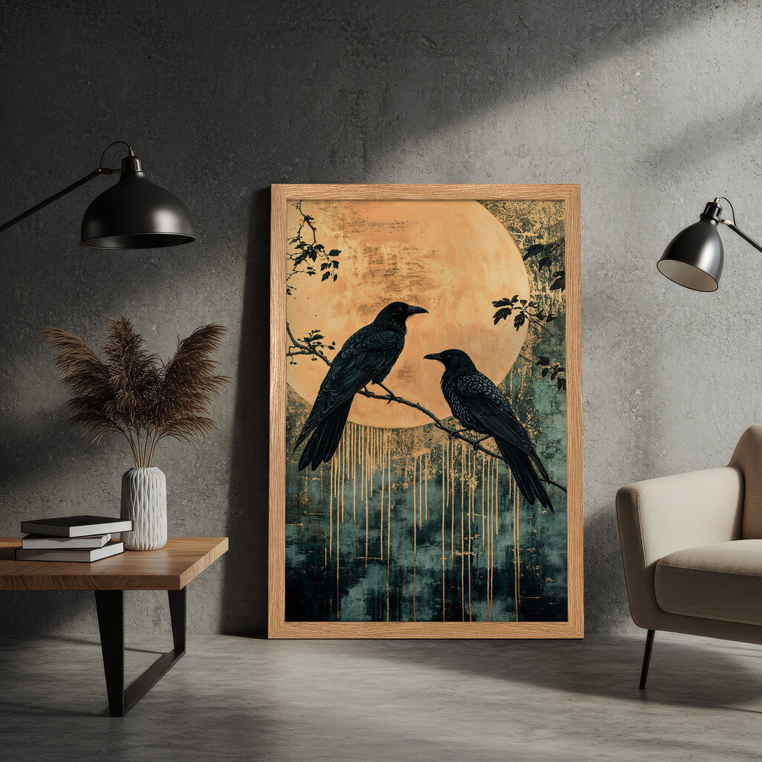 Framed Poster featuring two black crows on a branch with a moon in the background. Dark teal, gold, and beige color palette, artistic style.