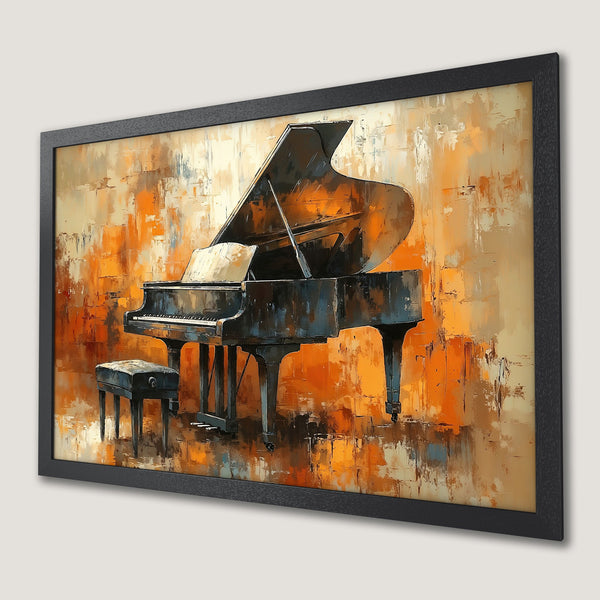 Framed Poster featuring a grand piano in an abstract style with warm orange and brown tones. Perfect wall art for music lovers!