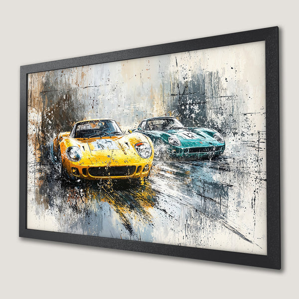 Framed Poster of classic race cars in an abstract style, featuring yellow & green cars with a gray, white, and black color palette.