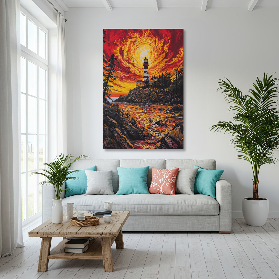 Framed Wall Art: Lighthouse painting with fiery sunset, displayed in a bright living room. Vibrant red, orange, and yellow palette, coastal art style.