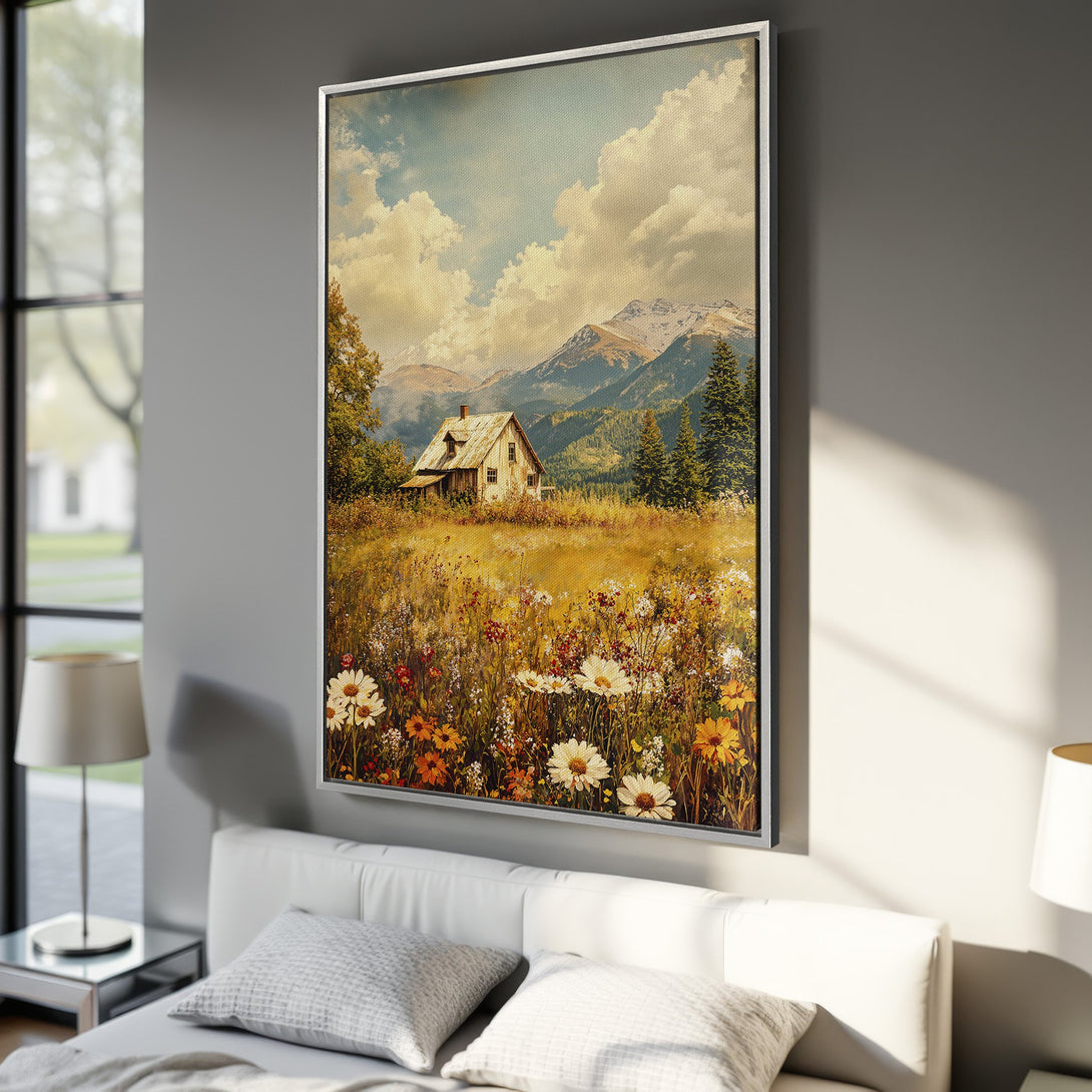 Framed Wall Art featuring a serene mountain landscape with a charming cabin, warm color palette, perfect for adding a touch of nature to your home.