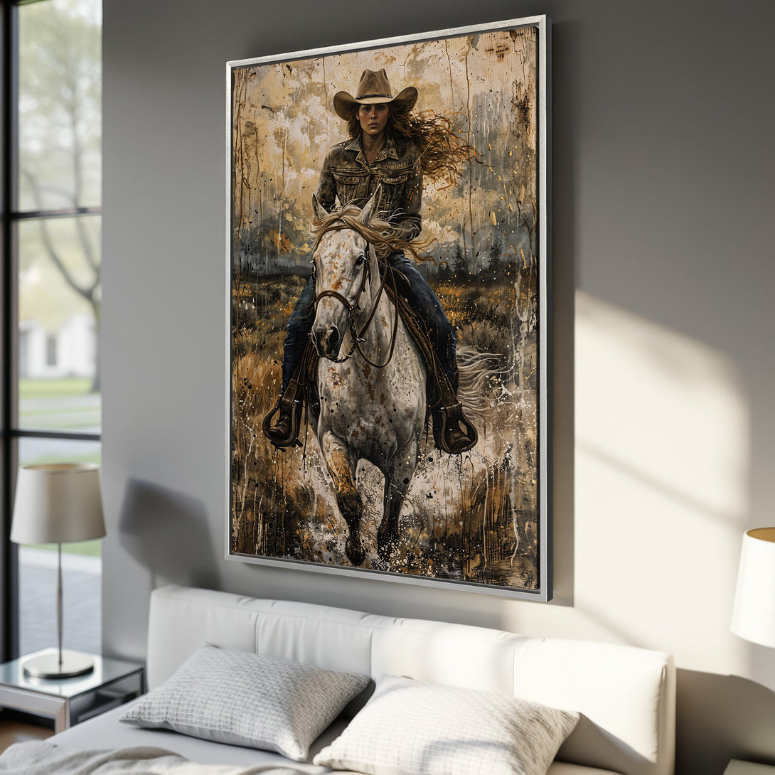 Framed Wall Art of a cowgirl on horseback. Abstract style, warm earth tones with pops of white and black. Perfect for rustic decor.