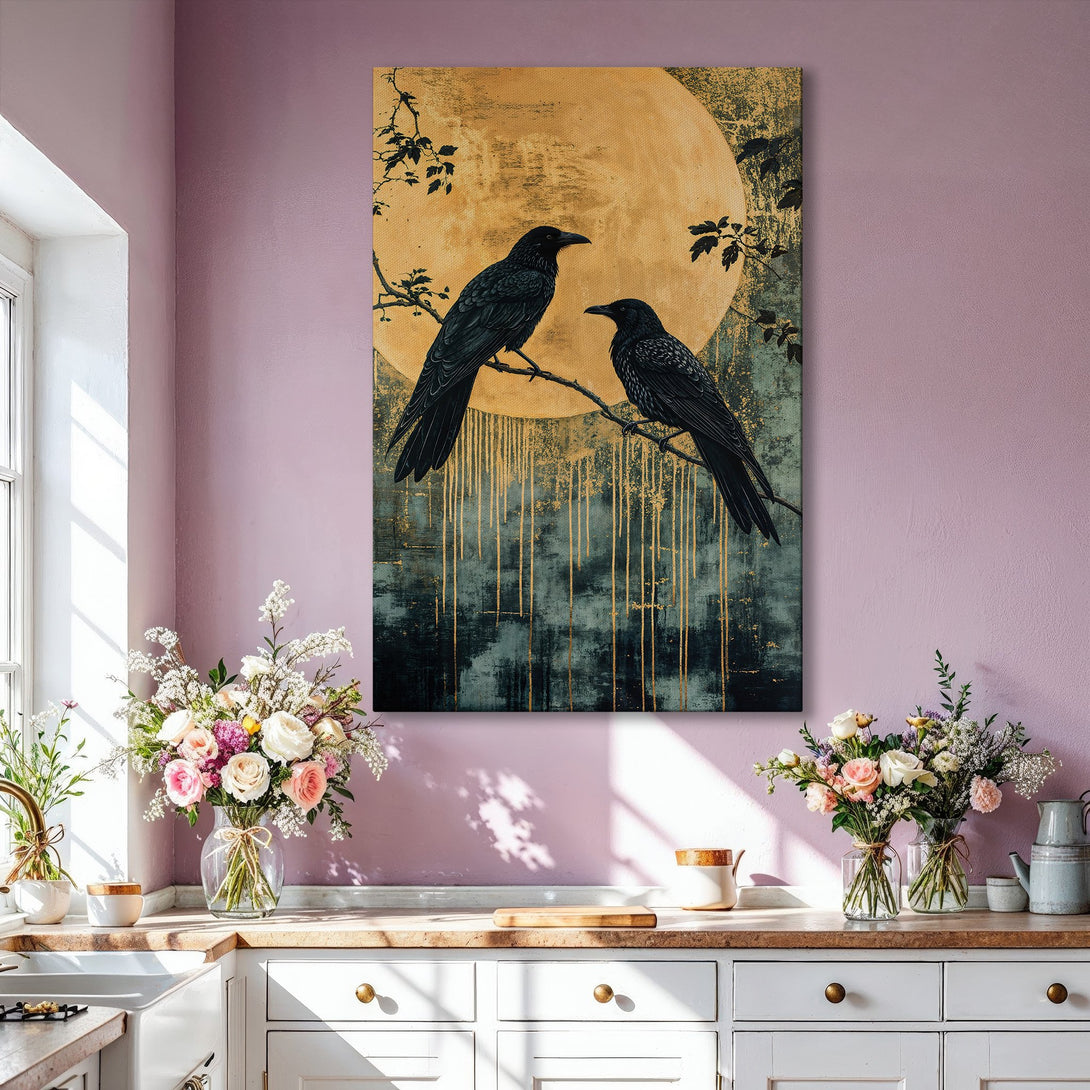 Framed Wall Art featuring two black crows on a branch, against a gold and teal abstract background. Adds a touch of elegance to any room.