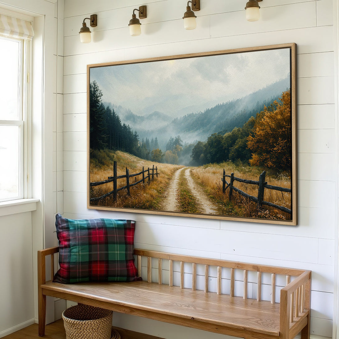 Framed Wall Art: Scenic landscape Canvas Print with a rustic road, muted greens, and warm earth tones. Perfect for cozy interiors.