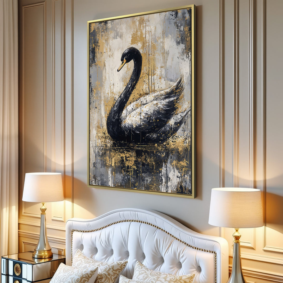 Canvas Print of a majestic black swan in a serene, water-themed scene. Neutral color palette with gold accents, perfect for modern decor.