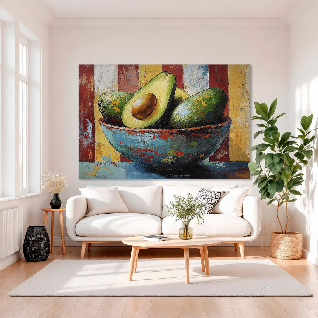 Framed Wall Art: Vibrant avocado still life painting in a modern style with a colorful palette of greens, blues, reds, and yellows. Perfect kitchen decor.