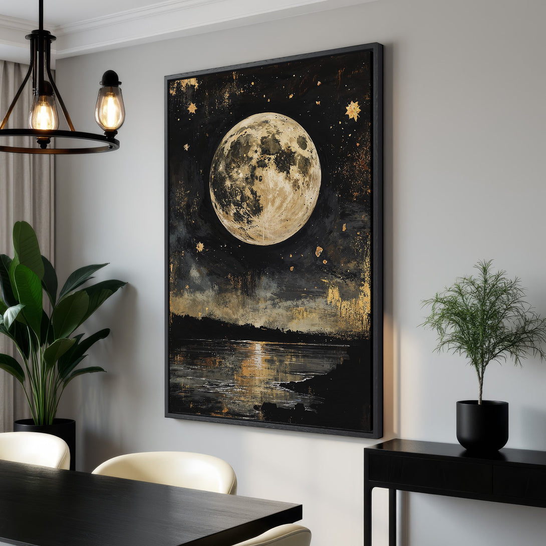 Framed Wall Art featuring a stunning moonlit landscape in a black and gold color palette. Perfect for adding a touch of celestial elegance to your space.