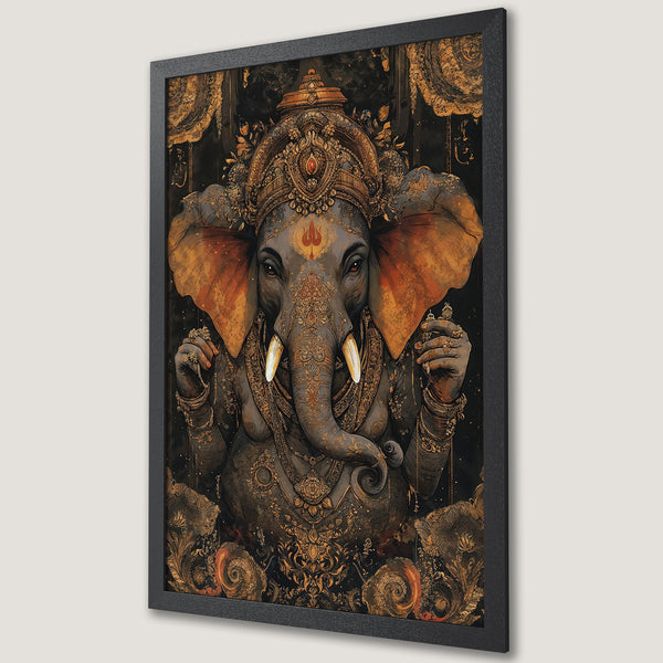 Framed Poster featuring a detailed illustration of Ganesha, with a dark, ornate style and a warm gold and brown color palette.