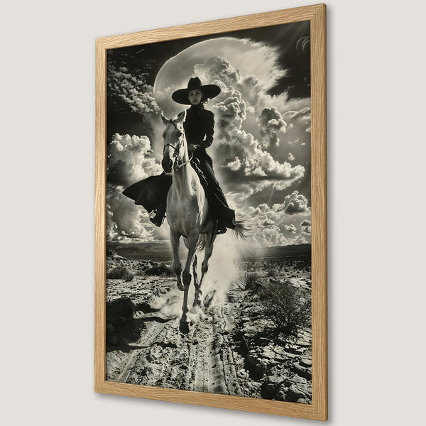 Framed Poster featuring a woman on horseback in a dramatic black and white style, set against a cloudy sky. Perfect wall art.