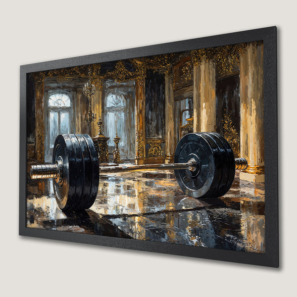 Framed Poster of a barbell in a grand hall, oil painting style with gold, black, and beige color palette. Perfect for gym decor!