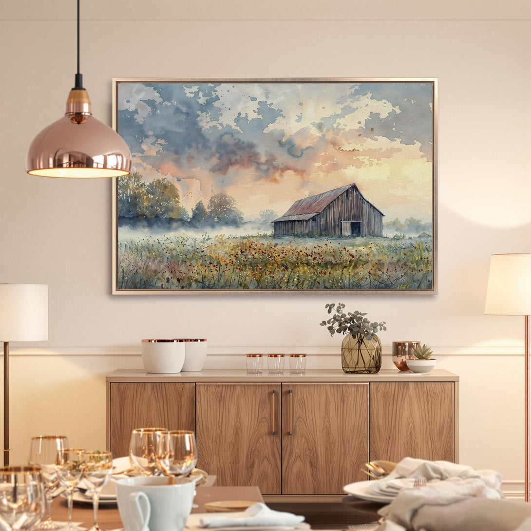 Framed Wall Art: Watercolor barn scene in warm tones. Rustic landscape Canvas Print with sunset sky, perfect for farmhouse decor.