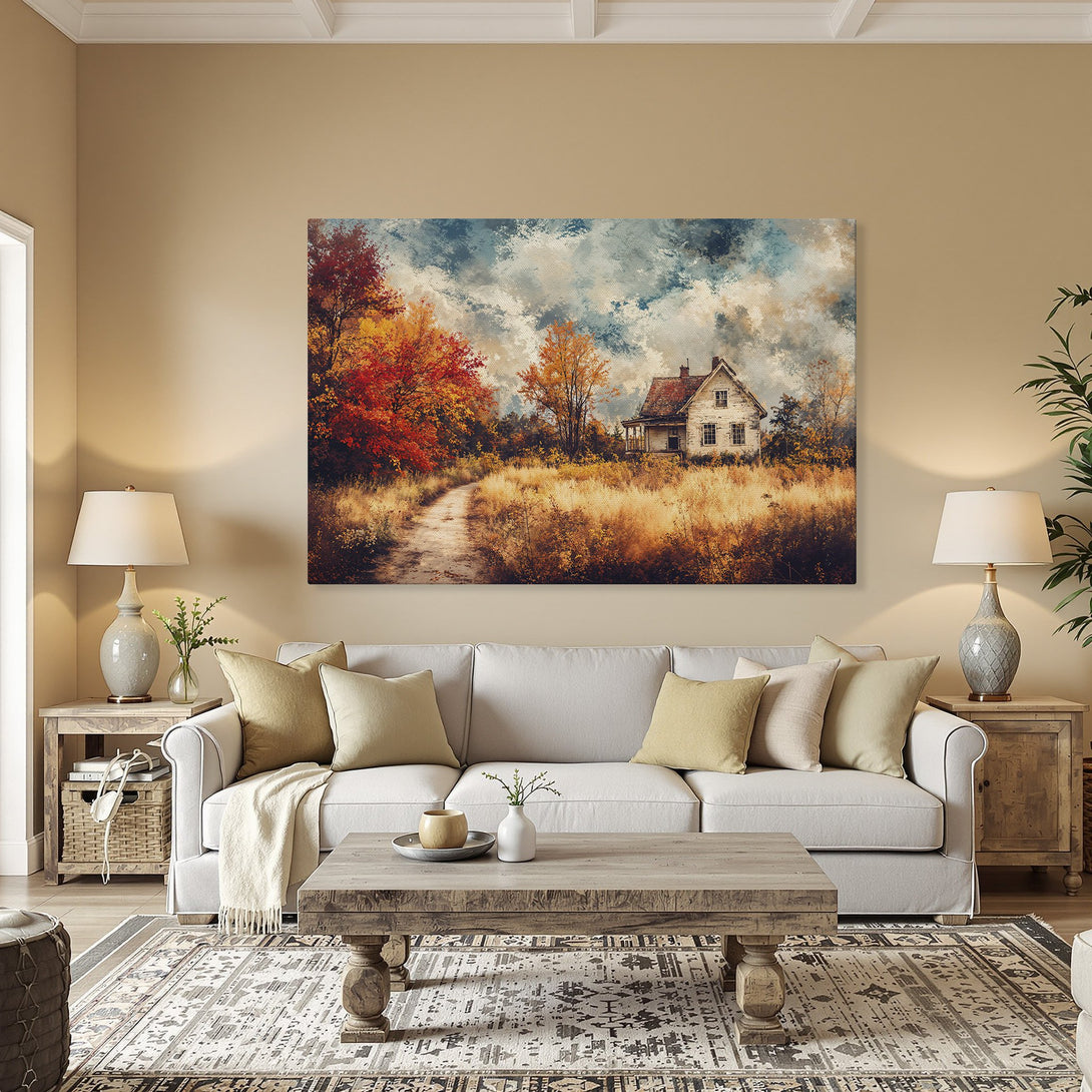 Framed Wall Art: Rustic landscape Canvas Print with a farmhouse in autumn colors. Warm, inviting decor for your home.
