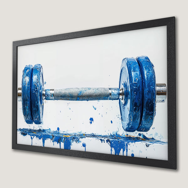 Framed Poster of a blue abstract dumbbell. Modern art style with a blue and white color palette. Perfect for home gym decor.