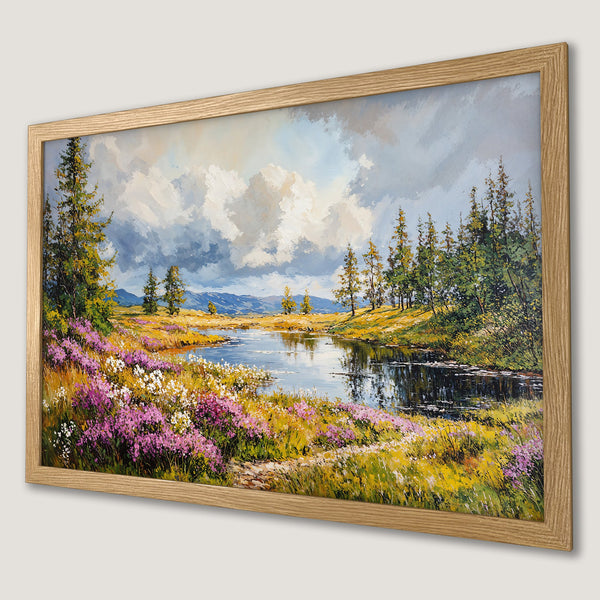 Framed Poster of a serene landscape painting with a lake, trees, and flowers. Features a vibrant color palette of blues, greens, and yellows.