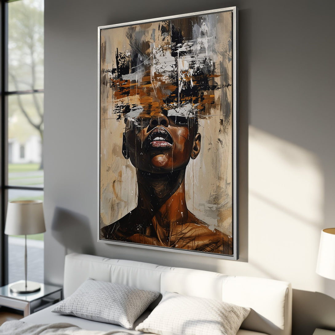 Framed Wall Art featuring an abstract portrait in a warm, earthy palette. Modern decor with a woman's face, perfect for bedroom or living room.