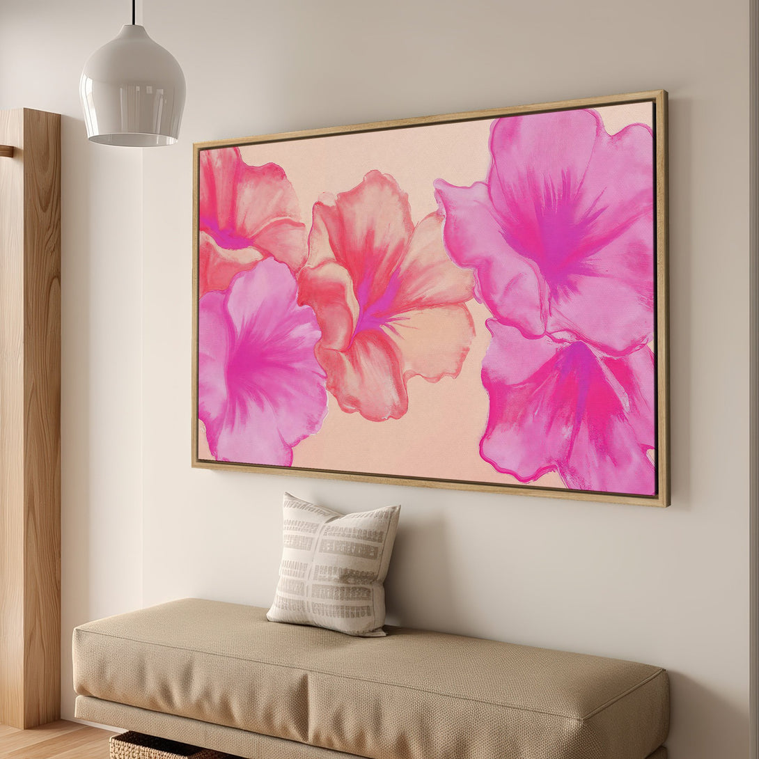 Framed Wall Art featuring vibrant pink floral abstract art. Adds a pop of color to any space. Modern art, perfect for home decor.