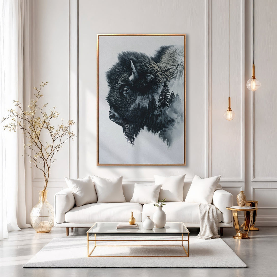 Framed Wall Art featuring a majestic bison in grayscale. Modern, minimalist decor with a neutral color palette. Elevate your space with this stunning artwork.