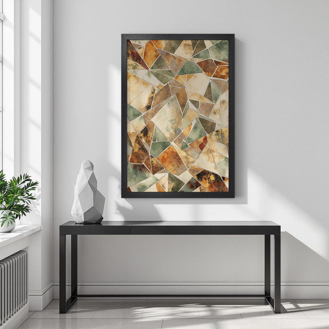Framed Poster featuring abstract geometric art in earthy tones. Modern wall art for stylish home decor.