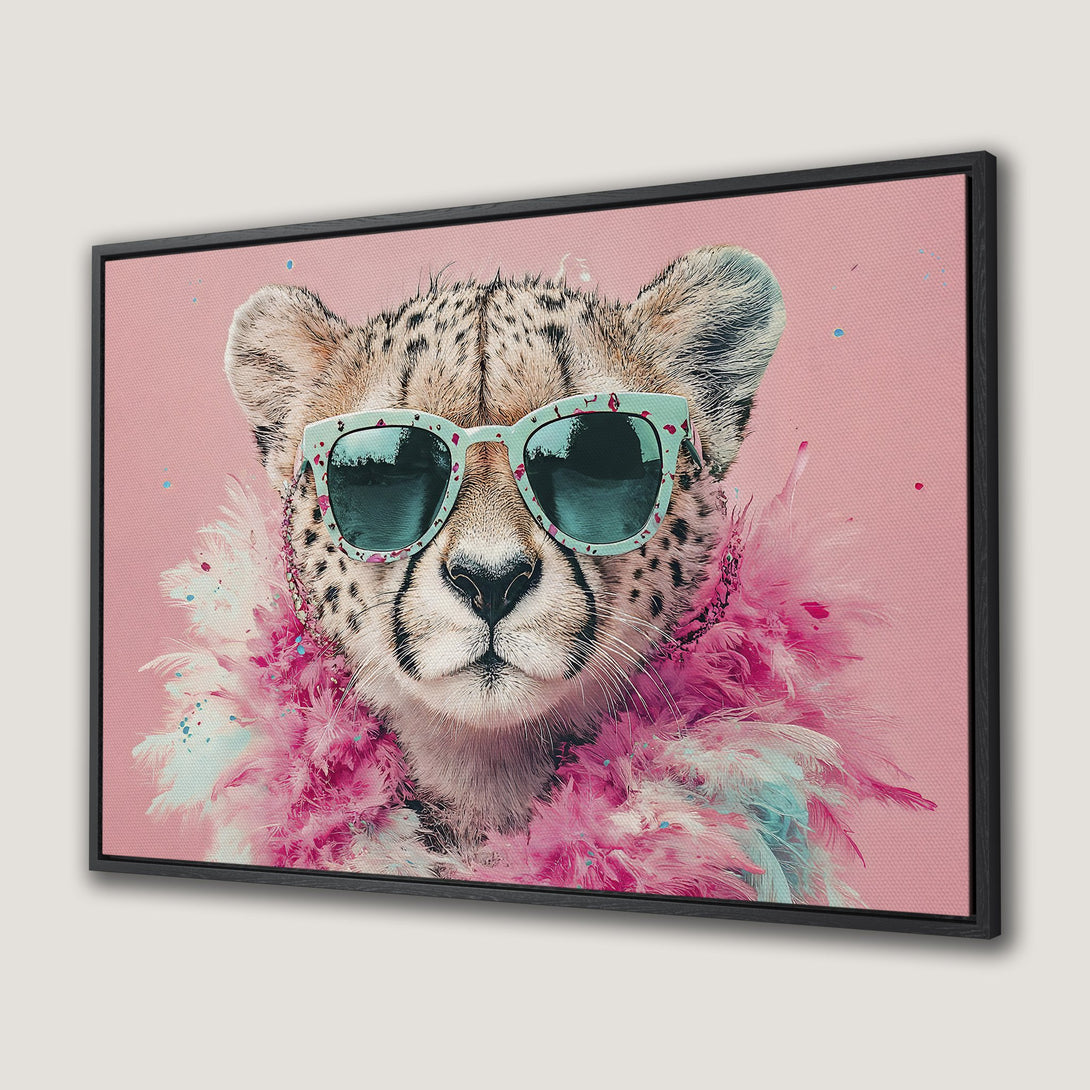 Framed Wall Art of a stylish cheetah wearing sunglasses and a feather boa, on a pink background. Modern, colorful decor.