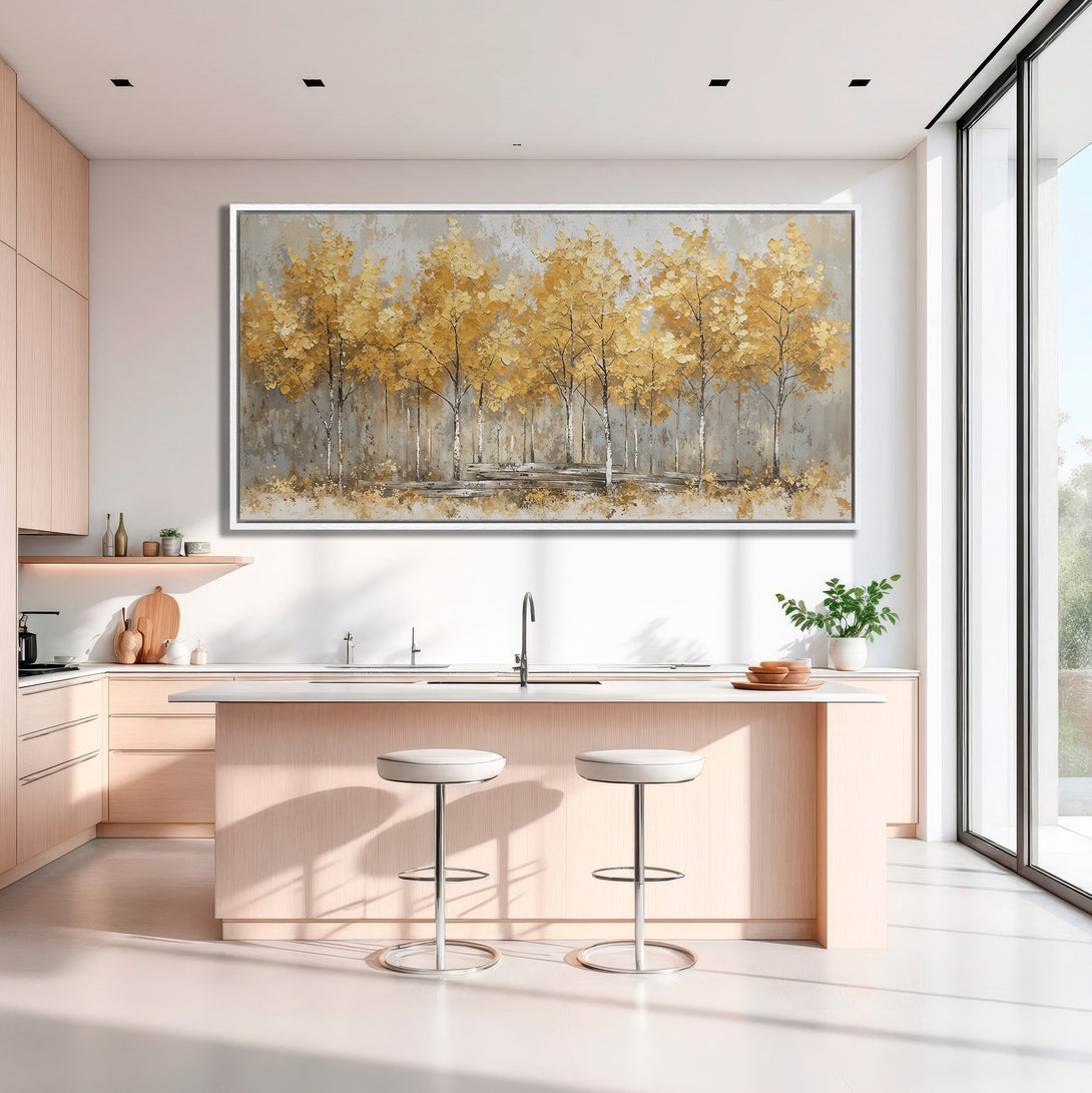 Framed Wall Art: Stunning abstract landscape Canvas Print with golden trees and neutral gray background. Perfect for modern kitchen decor.